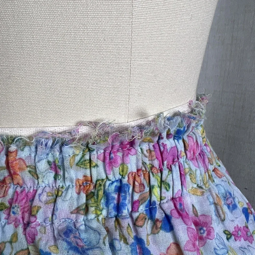 LoveShackFancy Ruffle Tiered Mini‎ Skirt Coral Reef Waves Floral Blue Small